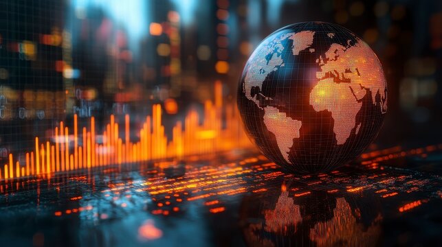 Illuminated globe reflecting on a grid, graphs and a bokeh city backdrop