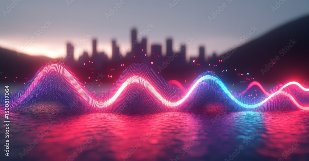 Aufkleber a pink and red graph is processing data set against a cloudy grey cityscape backdrop