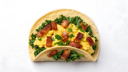 Breakfast Burrito Tacos Scrambled eggs and bacon breakfast burrito with fresh kale and green onion in soft tortilla taco shell