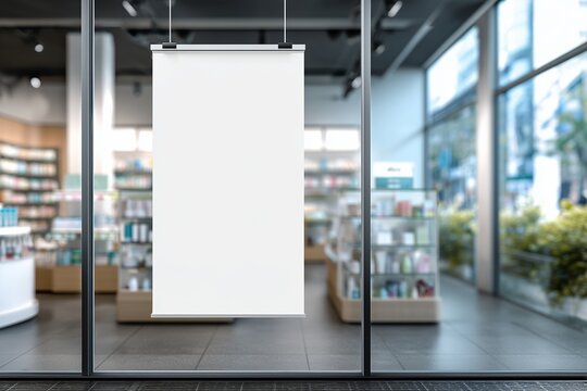 Blank white banner hangs on pharmacy store window. Store interior is visible through the glass. Possible advertisement or promotion. Location is likely a local pharmacy or cosmetics store
