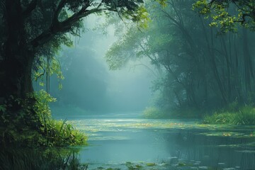 Fototapeta premium Misty swamp landscape with green trees