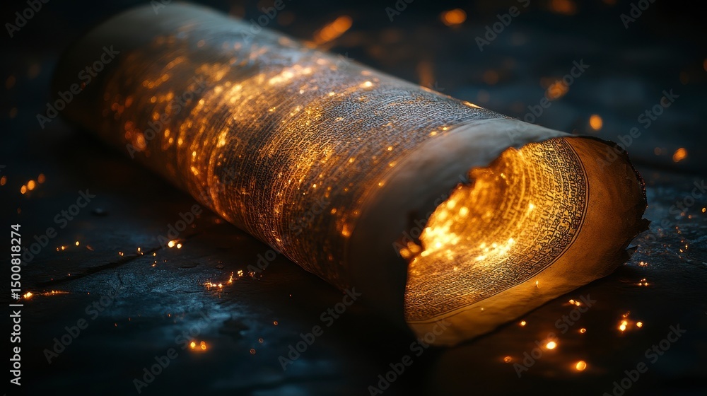 Aufkleber glowing scroll-like object with glittering particles on a dark surface