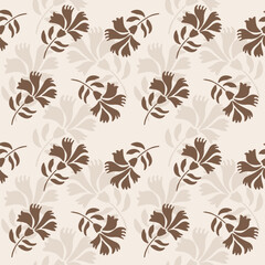 Elegant Brown Floral Arrangement on Beige Surface. Earthy Vintage Floral Seamless Pattern. Warm Brown Garden Print.