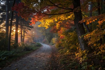 Obraz premium Winding path through autumn forest with colorful leaves and sunlight
