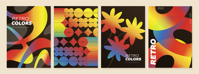 Postmodern geometric vertical banner set. Abstract composition with vector shapes in brutalism aesthetics. Mosaic of brutal figures in trendy color retro. Futuristic cards with modernist ornament