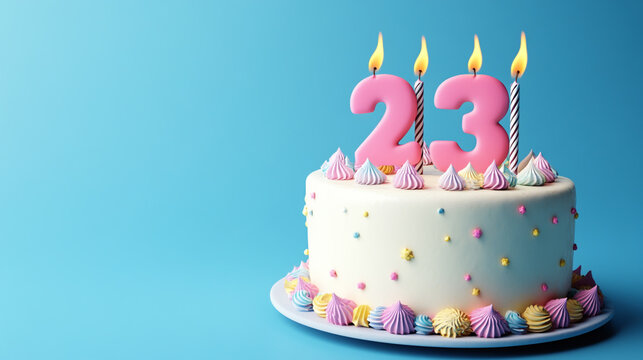 birthday cake with the number 23 candles on a blue background.