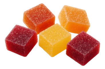 Colorful sugar-coated gummy cubes in assorted flavors including red, orange, and yellow.