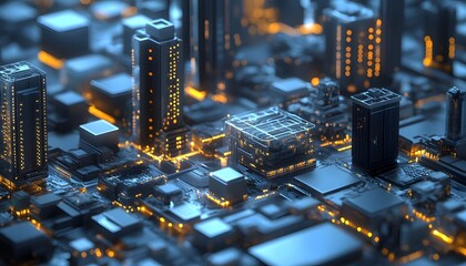Cityscape composed of intricate circuit board elements.