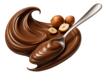 Smooth swirl of chocolate hazelnut spread with whole and halved hazelnuts, presented with a silver spoon.
