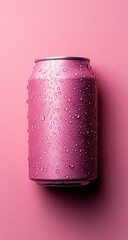 A vibrant pink aluminum can, covered in water droplets, sits centered against a solid pink backdrop