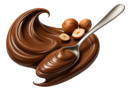 Smooth swirl of chocolate hazelnut spread with whole and halved hazelnuts, presented with a silver spoon.