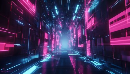 Neon-lit corridor of futuristic architecture.