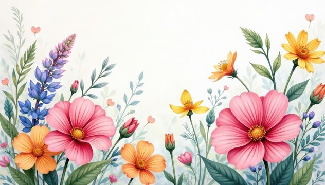 Delicate watercolor wildflowers in a continuous motif , green, repeat