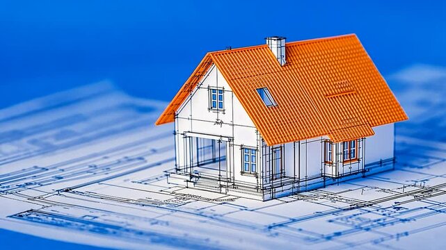 House Model on Blueprints: New Home Construction Concept