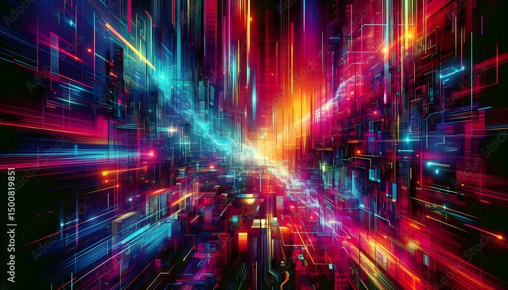 Poster a highly saturated glitch-inspired digital artwork featuring distorted lines and vibrant colors crea