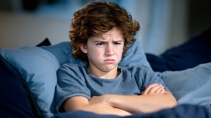 Obraz premium Young boy with curly hair shows frustration or annoyance while sitting on a sofa at home
