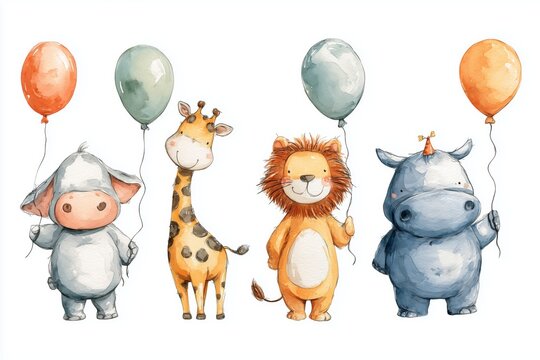 cute cartoon water color whimsical concept for kids whimsical watercolor isolated on white Cute watercolor animals with balloons, perfect for children's decor and party invitations