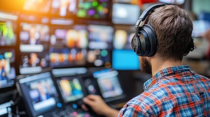 Man editing video on multiple screens in studio
