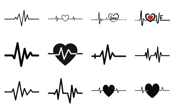 Set of heartbeat pulse heart pulse silhouette vector illustration. Medical cardiology symbols and health monitoring icons