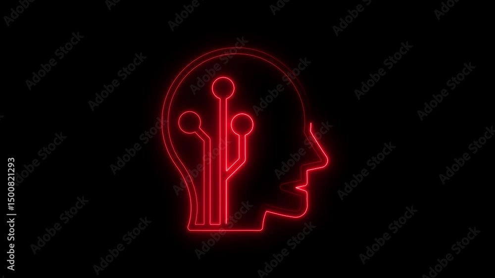 Aufkleber red neon glow outline of a brain integrated with computer technology on black background