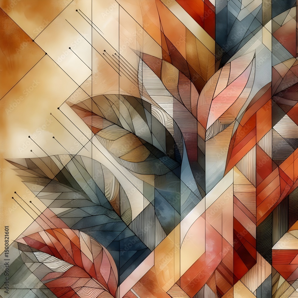 Poster an abstract botanical background combining geometric leaf patterns and watercolor textures in soft a