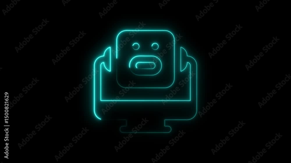 Poster neon graphic displaying a smiling face and arms design against a black background