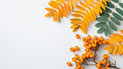 Autumn leaves and berries in flat lay top view on a white background, offering copy space in a clean autumn composition for design projects or promotions.