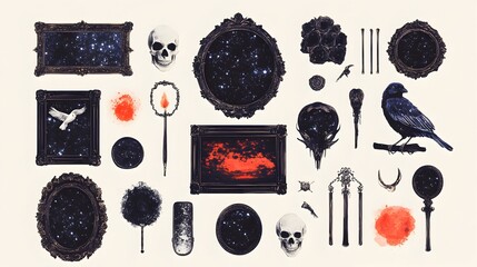 Ornate frames showcase cosmic scenes, skulls, and dark objects; interspersed with red splotches and bird; collage style
