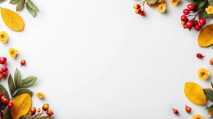 Autumn composition with autumn leaves and berries on a white background in flat lay top view, featuring copy space for design templates or seasonal decor.