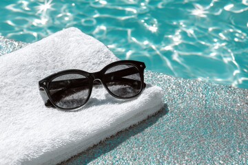 Sunglasses on a towel by a pool, sparkling water, bright summer sun