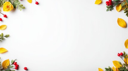 White background autumn flat lay top view with autumn leaves and berries, including copy space for creating festive greeting cards or social media graphics.