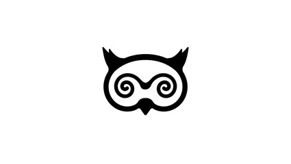 Owl logo in spiral shape, black isolated silhouette