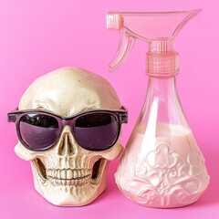 A skull wearing sunglasses is positioned alongside a pink spray bottle against a pink backdrop, with a skull-shaped spray bottle prominent in the foreground