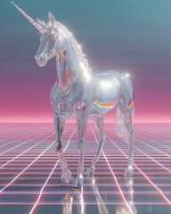 Stylized chrome unicorn standing on neon grid, fog and sparkles in background