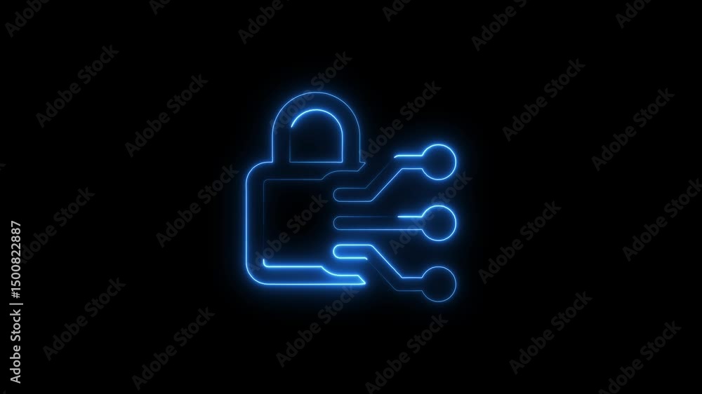 Poster animated digital lock with glowing neon outline representing cybersecurity and data protection
