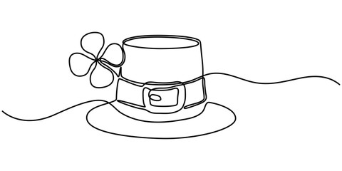 One line drawing. Continuous line art. Leprechaun hat with clover leaf. Hand drawn minimalistic design for simple logo, icon or emblem for St. Patrick Day. Editable stroke, hat with clover leaf. 