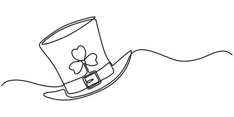 One line drawing. Continuous line art. Leprechaun hat with clover leaf. Hand drawn minimalistic design for simple logo, icon or emblem for St. Patrick Day. Editable stroke, hat with clover leaf. 
