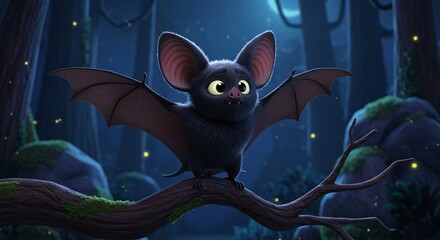Cute Cartoon Bat on Branch in Dark Forest