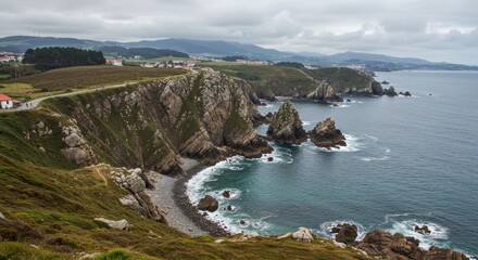 Photo of Rugged Coastal Landscape With Dramatic Cliffs and Ocean in Grey Light