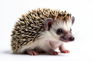 Fototapeta premium A tiny hedgehog, curled into a ball, isolated on pure white background, white, hedgehog close-up