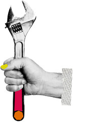 halftone collage hand holding spanner