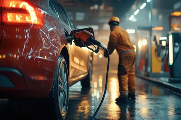 Male gas station attendant filling petrol into the car tank