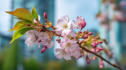 Obraz premium Close-up view of an early spring tree with delicate white and pink flowers blooming on its branches, urban buildings and a clear blue sky in the background, symbolizing renewal, fresh beginnings, 