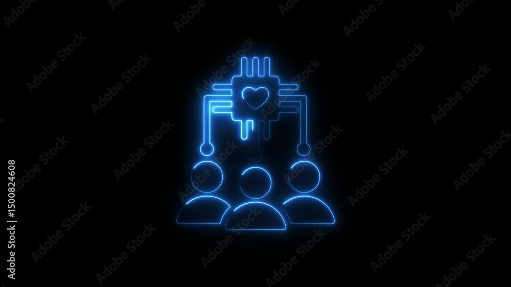 Poster animated neon blue icon of network connecting hearts with three users on black background
