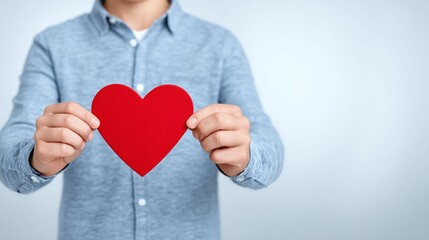 Obraz premium Person holding a red heart shape against a light blue background indoors.