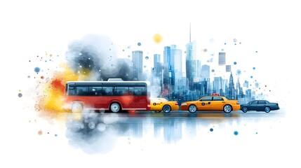 Watercolor cityscape with bus, taxis, and cars in motion, blurred city skyline reflected in a wet street