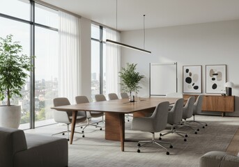 Fototapeta premium Photo Of Modern Conference Room Interior With Large Window and Wooden Table