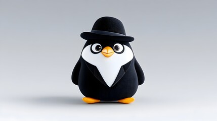 A cute, cartoon penguin in a black tuxedo and bowler hat stands against a light gray background