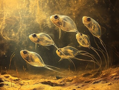 Swimming Tadpoles in a Shallow, Sunlit Pond Water