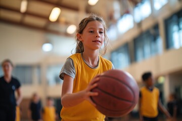 Schoolgirl practicing basketball while having PE class with sports teacher and classmates at school gym. High quality
